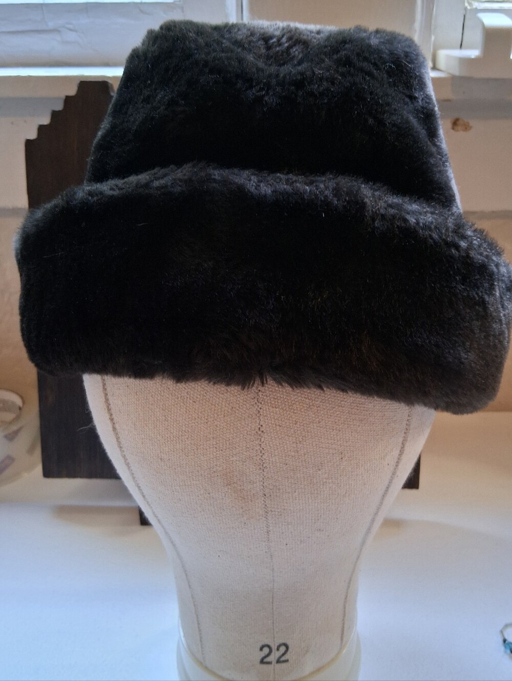 Vintage Dark Brown Faux Fur Slt. Cossack Pillbox Union Made Hat Sz L 22